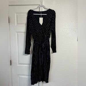 Bloomchic Glitter Striped Wrap Belted Velvet Midi Dress